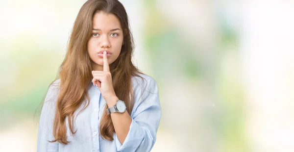 Jonge Mooie Brunette Zakenvrouw Geïsoleerde Achtergrond Vragen Stil Met Vinger — Stockfoto