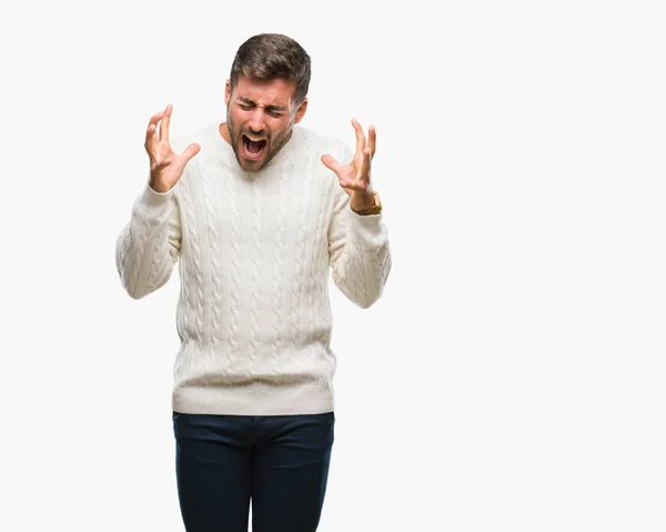 Joven Hombre Guapo Con Suéter Invierno Sobre Fondo Aislado Celebrando — Foto de Stock