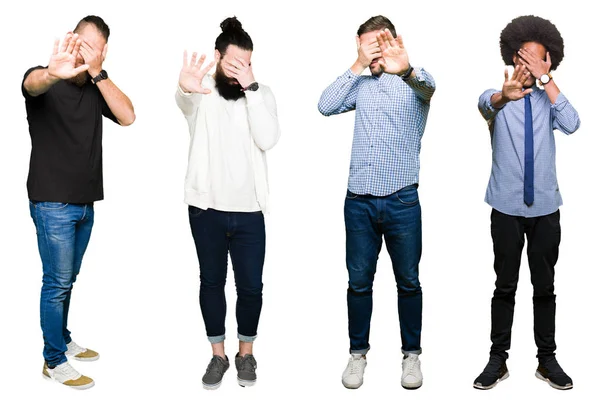 Collage Grupo Jóvenes Sobre Fondo Blanco Aislado Cubriendo Los Ojos — Foto de Stock