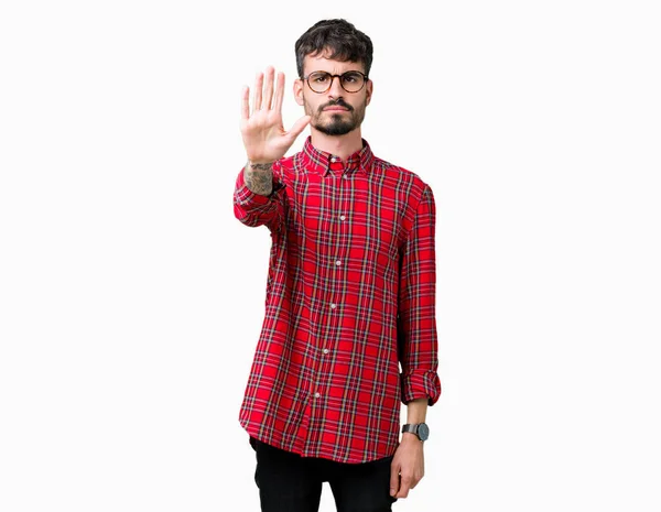 Joven Hombre Guapo Con Gafas Sobre Fondo Aislado Haciendo Dejar — Foto de Stock