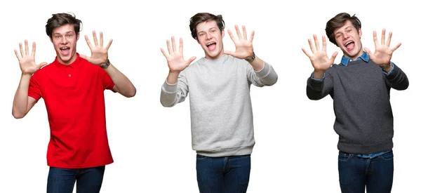 Коллаж Молодого Человека Белом Изолированном Фоне Показывает Указывает Пальцами Номер — стоковое фото