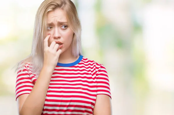 Young Blonde Woman Isolated Background Looking Stressed Nervous Hands Mouth — Stock Photo, Image