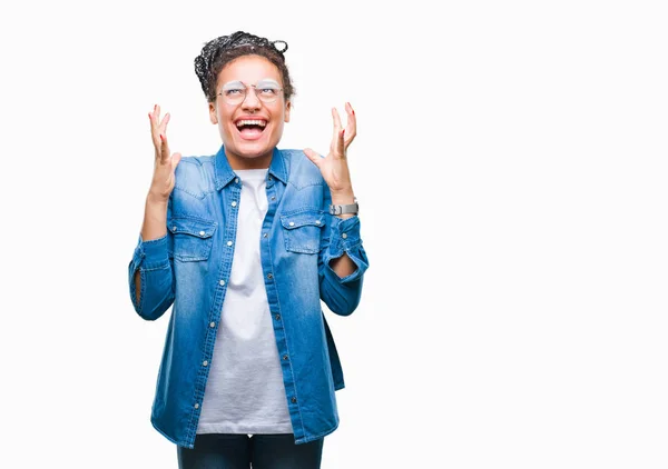 Giovane Capelli Intrecciati Ragazza Afroamericana Indossando Occhiali Sfondo Isolato Celebrando — Foto Stock