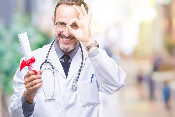 Middle Age Senior Hoary Doctor Man Holding Degree Certificate Isolated — Stock Photo, Image