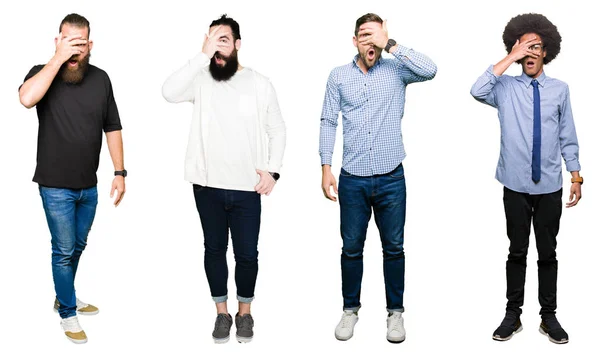 Collage Grupo Hombres Jóvenes Sobre Fondo Blanco Aislado Asomándose Shock — Foto de Stock