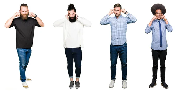 Collage Group Young Men White Isolated Background Covering Ears Fingers — Stock Photo, Image