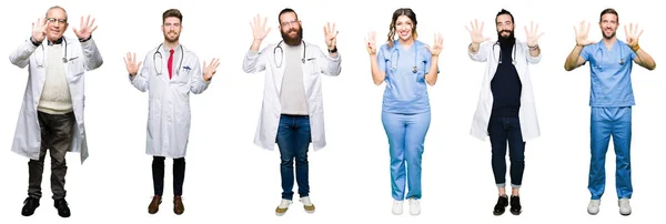 Collage Group Doctors Surgeons People White Isolated Background Showing Pointing — Stock Photo, Image