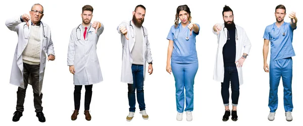 Collage Gruppo Medici Chirurghi Persone Sfondo Bianco Isolato Cercando Infelice — Foto Stock