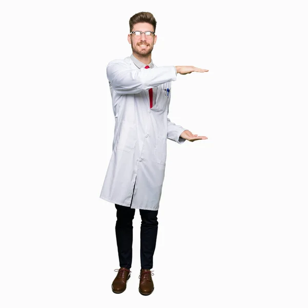 Young Handsome Scientist Man Wearing Glasses Gesturing Hands Showing Big — Stock Photo, Image