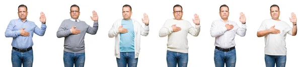 Composition Arab Middle Age Man Isolated Background Swearing Hand Chest — Stock Photo, Image