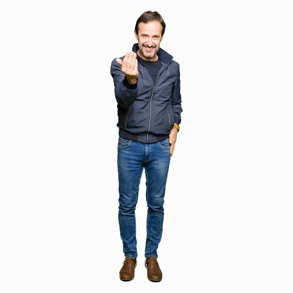 Middle Age Handsome Man Wearing Jacket Beckoning Come Here Gesture — Stock Photo, Image