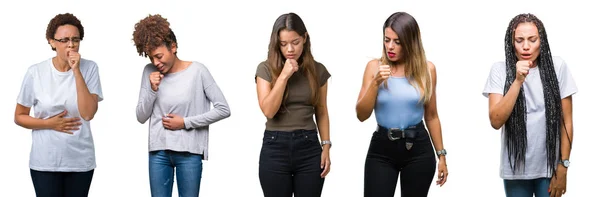 Collage Van Groep Jonge Vrouwen Geïsoleerde Achtergrond Gevoel Onwel Hoesten — Stockfoto