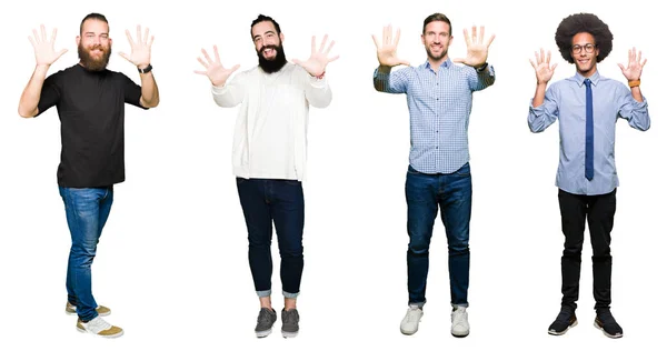 Collage Van Groep Jonge Mannen Witte Geïsoleerde Achtergrond Weergeven Met — Stockfoto