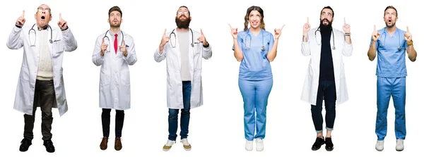 Collage Gruppo Medici Chirurghi Persone Sfondo Bianco Isolato Stupito Sorpreso — Foto Stock