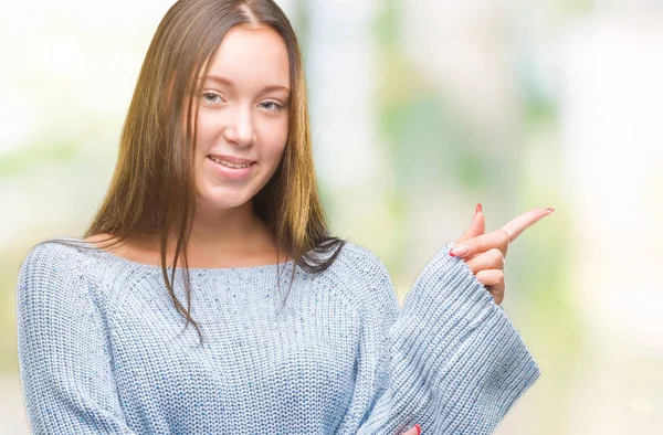 Jovem Mulher Branca Bonita Vestindo Camisola Inverno Sobre Fundo Isolado — Fotografia de Stock