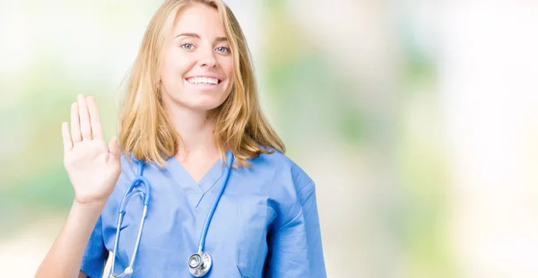 Beautiful Young Doctor Woman Wearing Medical Uniform Isolated Background Waiving — Stock Photo, Image