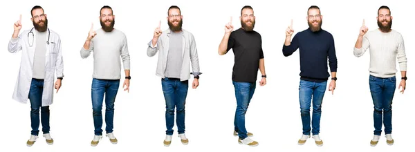 Collage Giovane Uomo Con Panino Sfondo Bianco Isolato Mostrando Indicando — Foto Stock