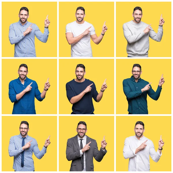 Collage Handsome Man Yellow Isolated Background Smiling Looking Camera Pointing — Stock Photo, Image
