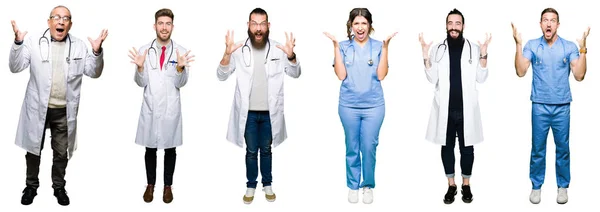 Collage Grupo Médicos Cirujanos Personas Sobre Fondo Blanco Aislado Celebrando —  Fotos de Stock