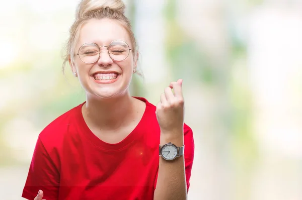 Mulher Loira Jovem Usando Óculos Sobre Fundo Isolado Muito Feliz — Fotografia de Stock