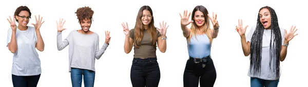 Collage Grupo Mujeres Jóvenes Sobre Fondo Aislado Mostrando Apuntando Hacia —  Fotos de Stock