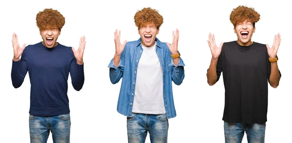 Collage Giovani Uomini Con Capelli Ricci Sfondo Bianco Isolato Che — Foto Stock