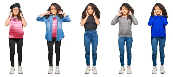 Collage Van Mooie Jonge Vrouw Met Krullend Haar Witte Geïsoleerde — Stockfoto