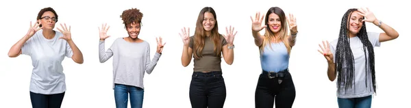 Kolaj Bir Grup Genç Kadını Gösterilen Parmakları Ile Işaret Izole — Stok fotoğraf