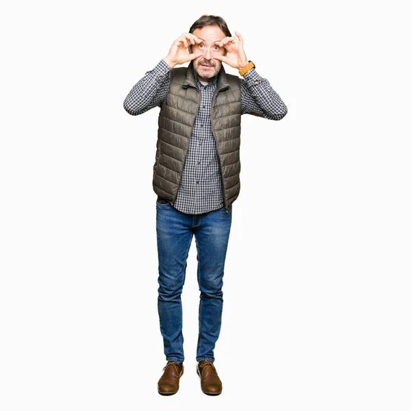 Middle Age Handsome Man Wearing Winter Vest Trying Open Eyes — Stock Photo, Image