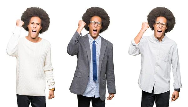Collage Giovane Uomo Con Capelli Afro Sfondo Bianco Isolato Arrabbiato — Foto Stock