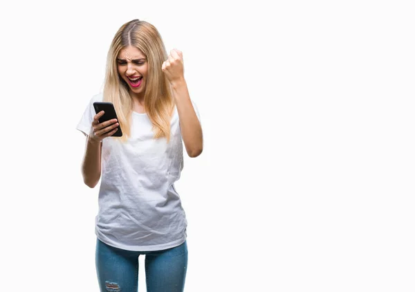 Jonge Mooie Blonde Vrouw Met Behulp Van Smartphone Geïsoleerde Achtergrond — Stockfoto