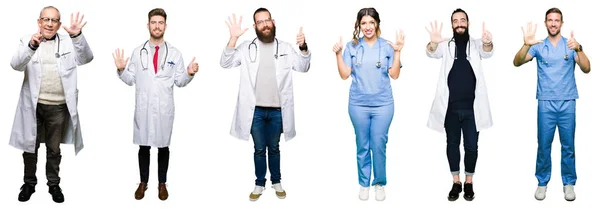 Collage Gruppo Medici Chirurghi Persone Sfondo Bianco Isolato Che Mostrano — Foto Stock