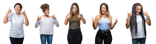 Коллаж Группы Молодых Женщин Изолированном Фоне Знак Успеха Делает Позитивный — стоковое фото