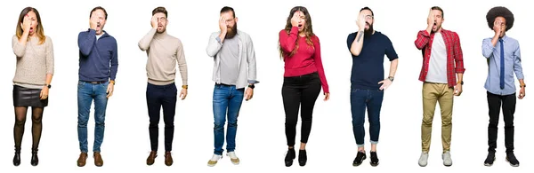 Collage Personer Över Vita Isolerade Bakgrund Yawning Trött Som Täcker — Stockfoto