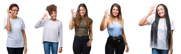 Collage Grupp Unga Kvinnor Över Isolerade Bakgrund Leende Positiva Gör — Stockfoto