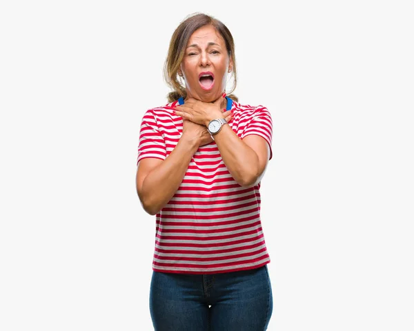 中年以上上級のヒスパニック系女性分離背景叫びと窒息のため痛みを伴う首を絞め 健康上の問題 窒息させると自殺の概念 — ストック写真