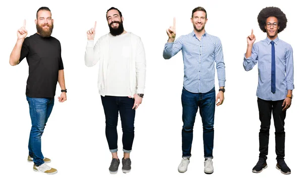 白い分離背景表示と自信を持って 幸せな笑みを浮かべて 指番号のいずれかで上向きに若い男性のグループのコラージュ — ストック写真