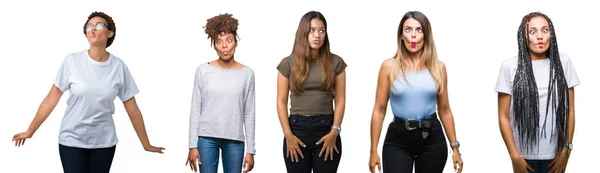 Collage Grupp Unga Kvinnor Över Isolerade Bakgrund Gör Fisk Ansikte — Stockfoto