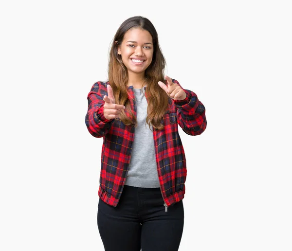 Joven Mujer Morena Hermosa Con Una Chaqueta Sobre Fondo Aislado —  Fotos de Stock