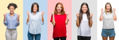 Kolaj İspanyol, Afro-Amerikan, Asya, Hint kadın vintage renk arka plan başarı ile silah için heyecan üzerinde zafer kutluyor gülümseyen kaldırdı. Kazanan kavramı.