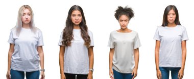 Kolaj Çince, Arap, Afrikalı-Amerikalı kadın izole arka plan yüzünden Grubu'nun depresif ve kızgın ve korkmuş ağlıyor sıkıntı için endişeleniyorum. Üzgün ifade.