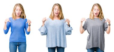 Güzel sarışın kadın beyaz izole yüzünden kolaj reklam, sürpriz yüz ve açık ağız gösterilen parmakları ile işaret aşağı arka plan