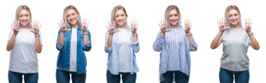 Kolaj gösterilen ve parmakları ile işaret izole arka plan güzel sarışın genç kadın bir numara 9 kendinden emin ve mutlu gülümseyerek süre.