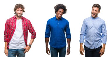 Afro-Amerikan ve İspanyol erkekler seksi bir ifadeyle, neşeli ve mutlu yüzünü kameraya bakarak göz kırpıyor izole arka plan üzerinde Grubu'nun kolaj.