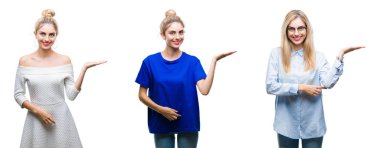 Genç güzel sarışın kadın neşeli sunulması ve kameraya bakarak avucunun ile işaret gülümseyen izole arka plan üzerine kolaj.