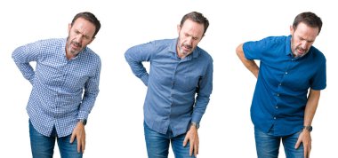 Kolaj üst düzey yakışıklı beyaz izole üzerinde bir el ile geri, kas ağrısı dokunmadan acı sırt ağrısı, arka plan