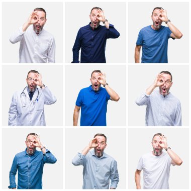 Kolaj ok jest sürpriz yüz, göz parmaklarının arasından seyir şok yapıyor beyaz izole arka plan üzerinde üst düzey ağarmış zarif biri. İmansız ifade.