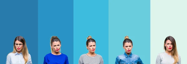 Collage Joven Hermosa Mujer Sobre Rayas Azules Aislado Fondo Escéptico —  Fotos de Stock