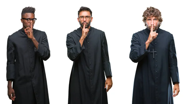 Collage Hombres Sacerdotes Cristianos Sobre Fondo Aislado Pidiendo Estar Silencio —  Fotos de Stock