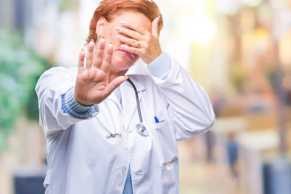 Senior Caucasian Doctor Woman Wearing Medical Uniform Isolated Background Covering — Stock Photo, Image